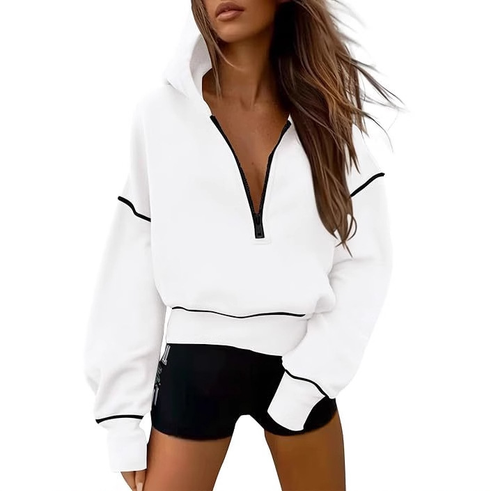 Women's Hooded Long-sleeved Sweater Half Zip Short Hoodie Pullover