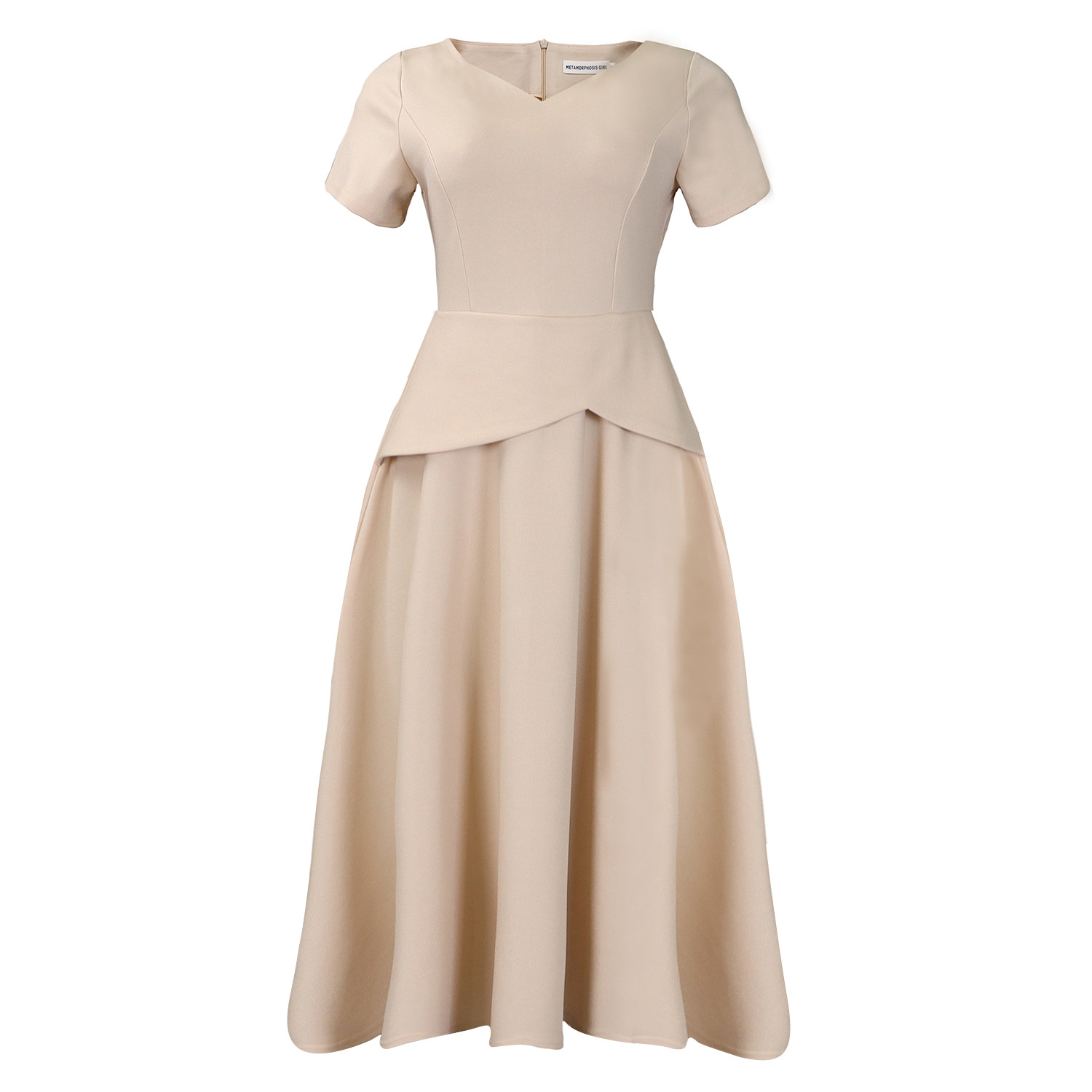 New Summer European And American Fashion Solid Color And V neck Short Sleeve A Line Dress Apricot - Shop at LoveMi